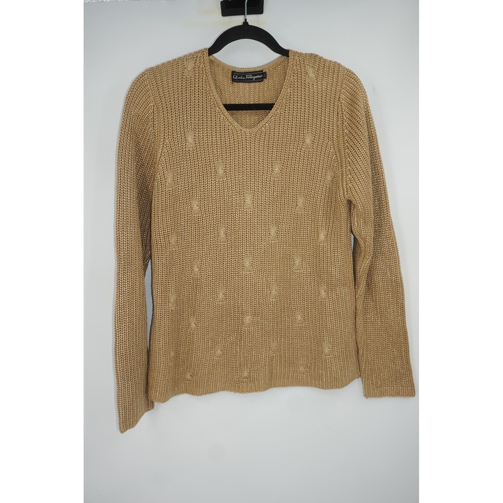 Salvatore Ferragamo Sweater Womens Large‎ Tan Camel Silk Knit Pullover V Neck